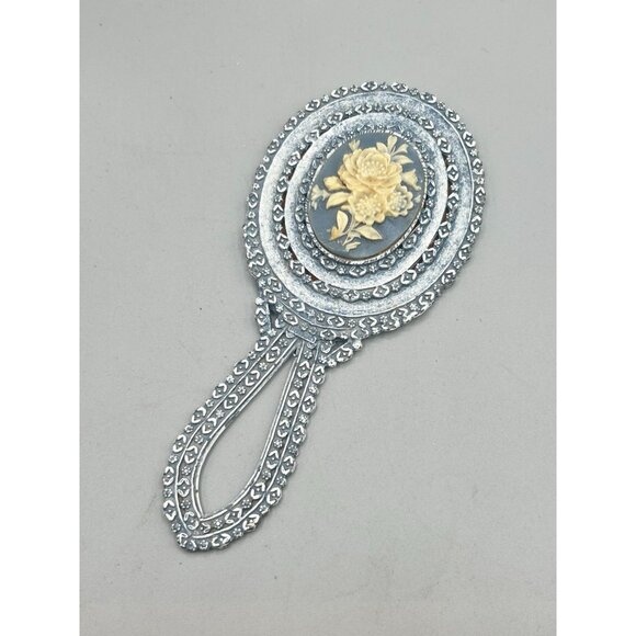 Vintage Florenza Small Hand Mirror Dusty Blue Enamel with Floral Resin Cameo - Picture 8 of 12